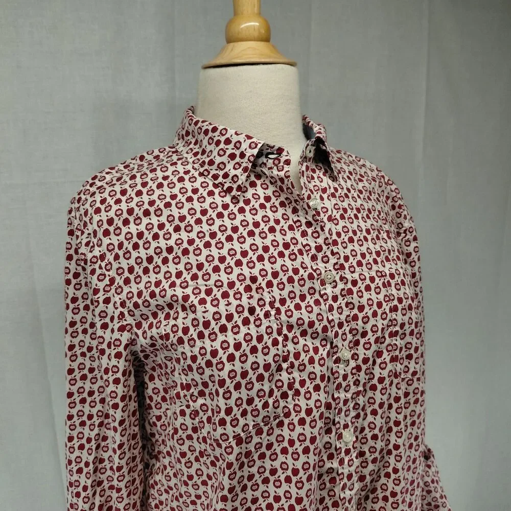 Talbots Apple Print Rolled LS Sleeve Button Down Blouse Red Size 16 - Picture 2 of 10